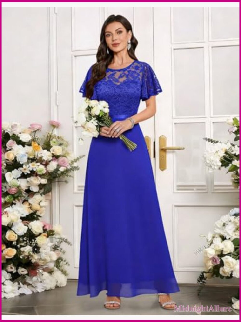 Formal Maxi Dress with Ruffle Sleeves and Lace - Wedding Guest Prom Gown - Picture 3 of 7